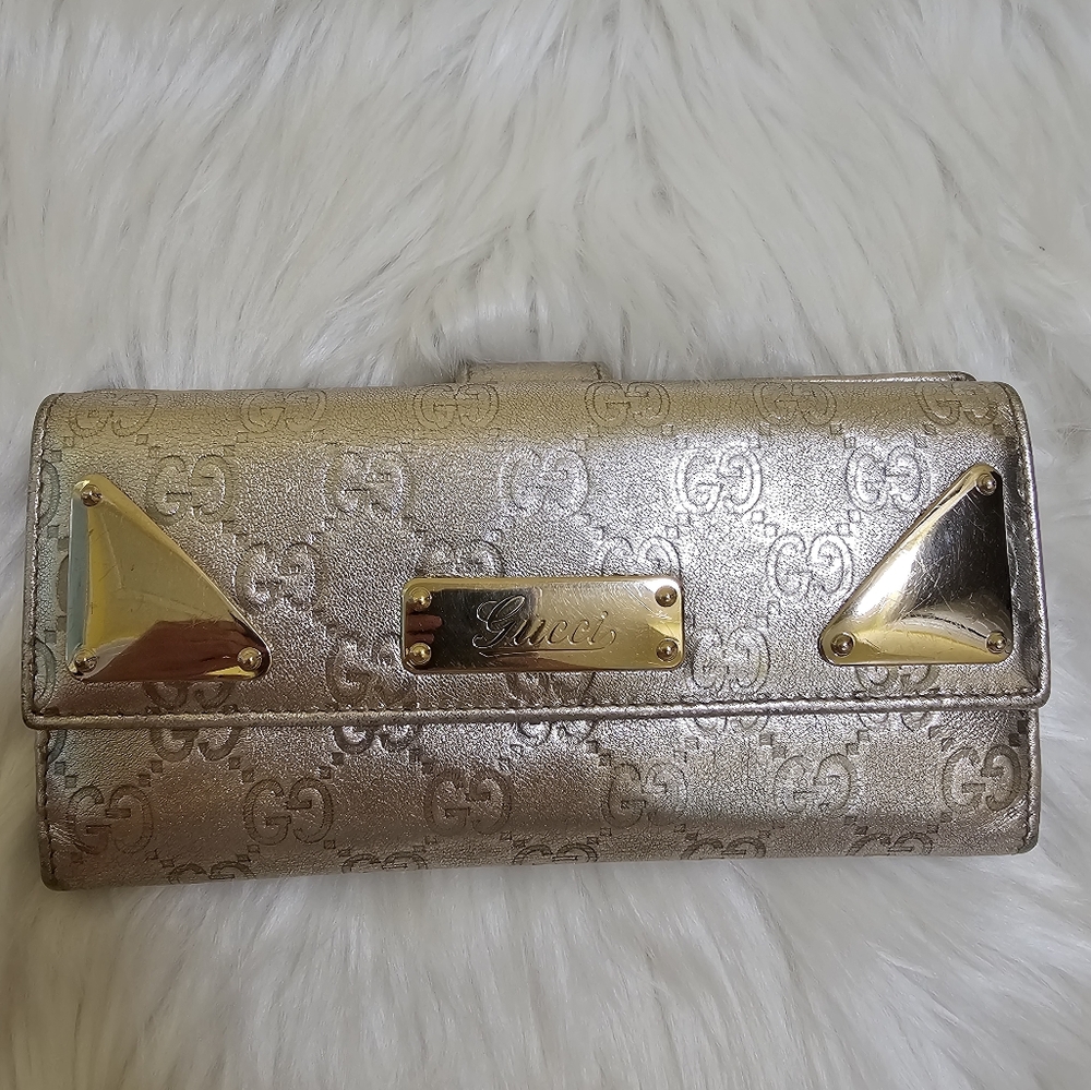 Gucci Metallic Gold Guccissima Leather Indy Continental Wallet - Picture 1 of 17